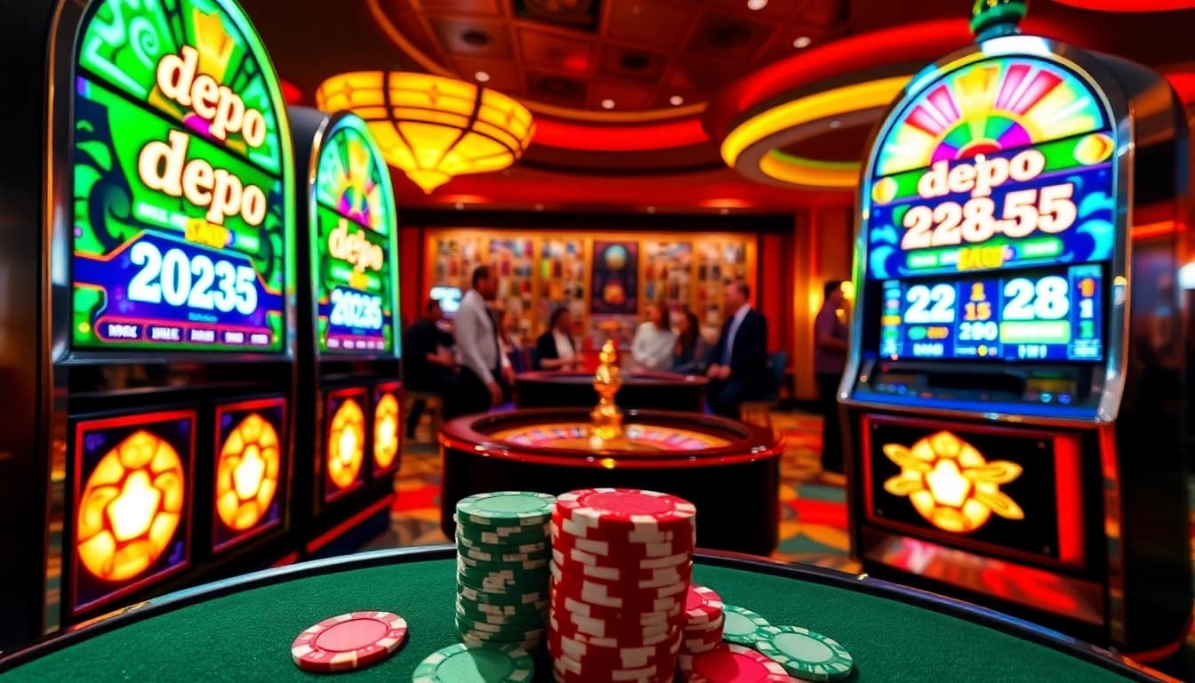 Players celebrating a big win at a lively casino with depo 25 + bonus 28 bonuses on slot machines.