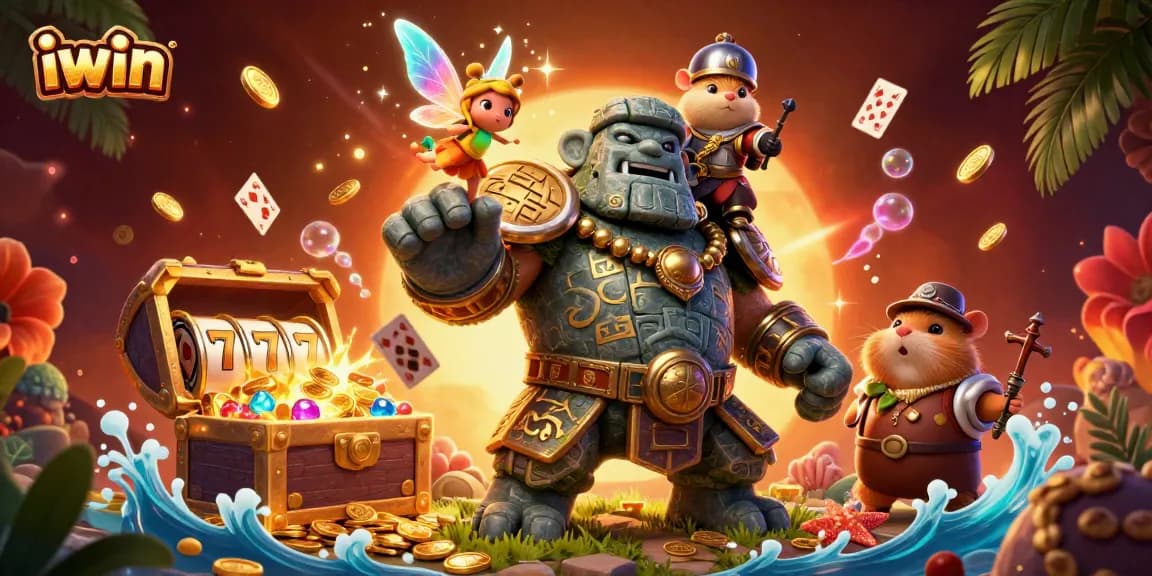 iwin's captivating casino illustration with a magical golem, gem treasures, and vibrant slot elements