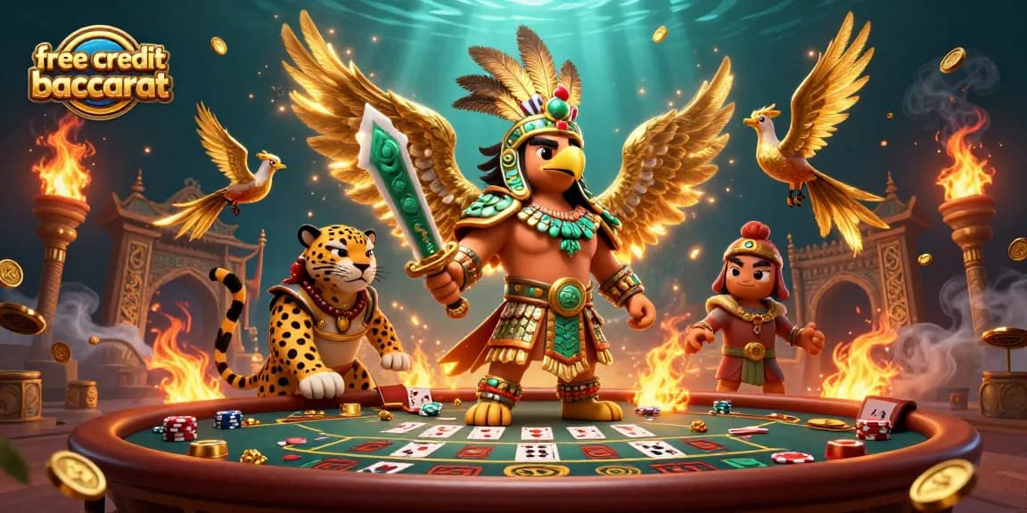 Engage in free credit baccarat with Aztec warriors and a live baccarat table in thrilling scene.