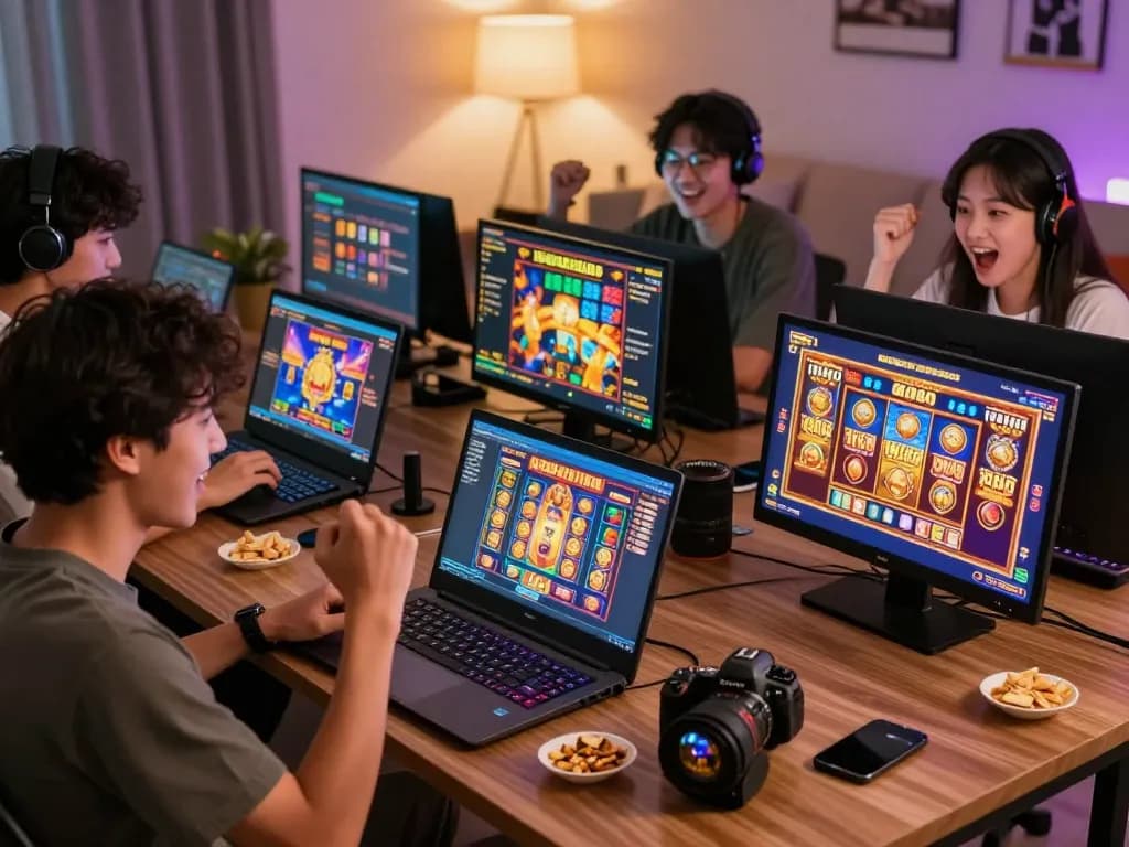 Online players enjoying slot gacor games, celebrating wins in a cozy home environment.