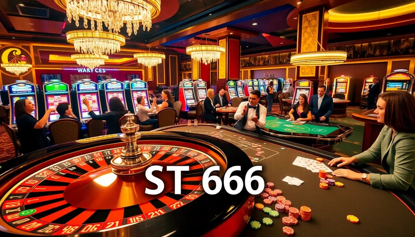 Players celebrating a win at a luxurious casino featuring ST6666 gaming tables and vibrant slot machines.