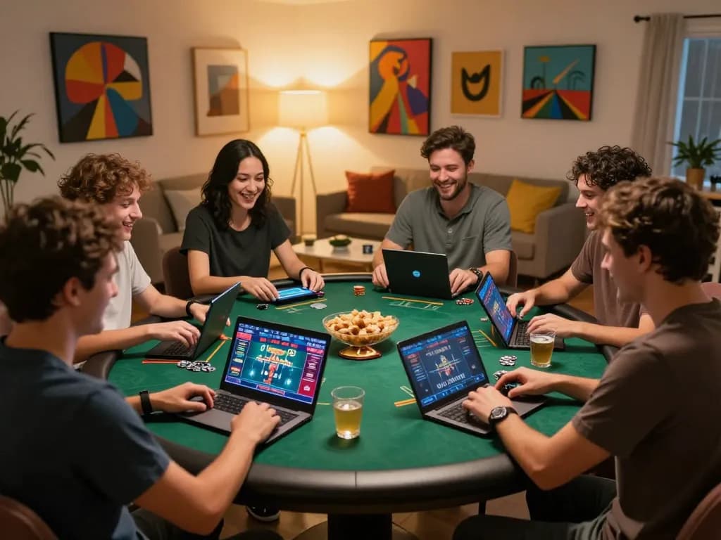 Friends enjoying an engaging online poker night showcasing five88 lat in a cozy home setting.