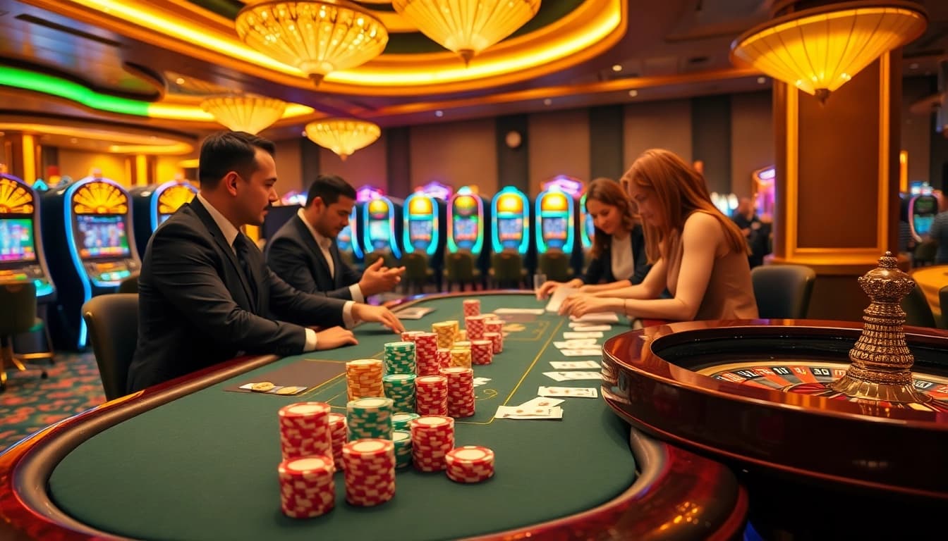 Casino players enjoying a thrilling game at mm88 casino with vibrant slot machines and table games.