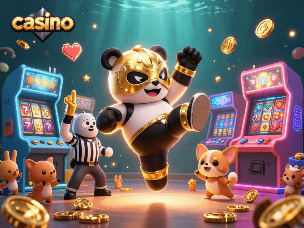 Casino adventure with a panda wrestler kicking through slot reels, surrounded by cheering animal fans.