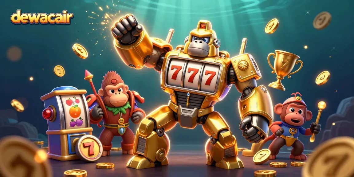 Experience exciting gameplay with dewacair as a golden gorilla mech spins slot reels, showcasing dynamic casino imagery.