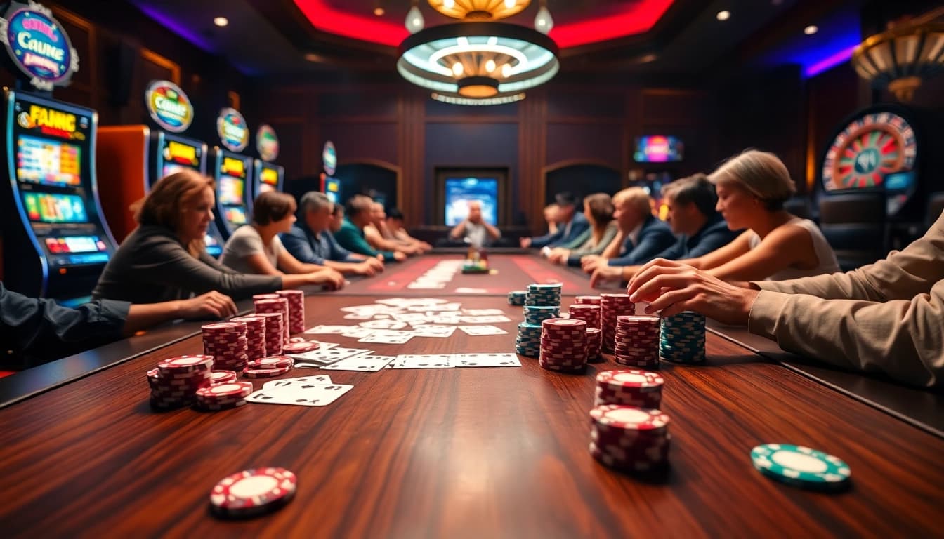 Players enjoying a thrilling game at the casino with gojekpot slot machines glimmering in the background.