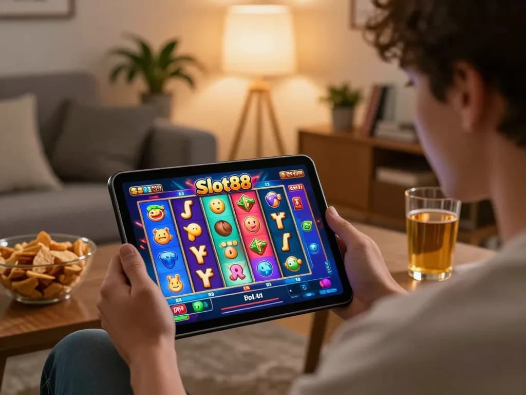 Player enjoying Slot88 online gaming session on tablet, colorful graphics and cozy atmosphere.