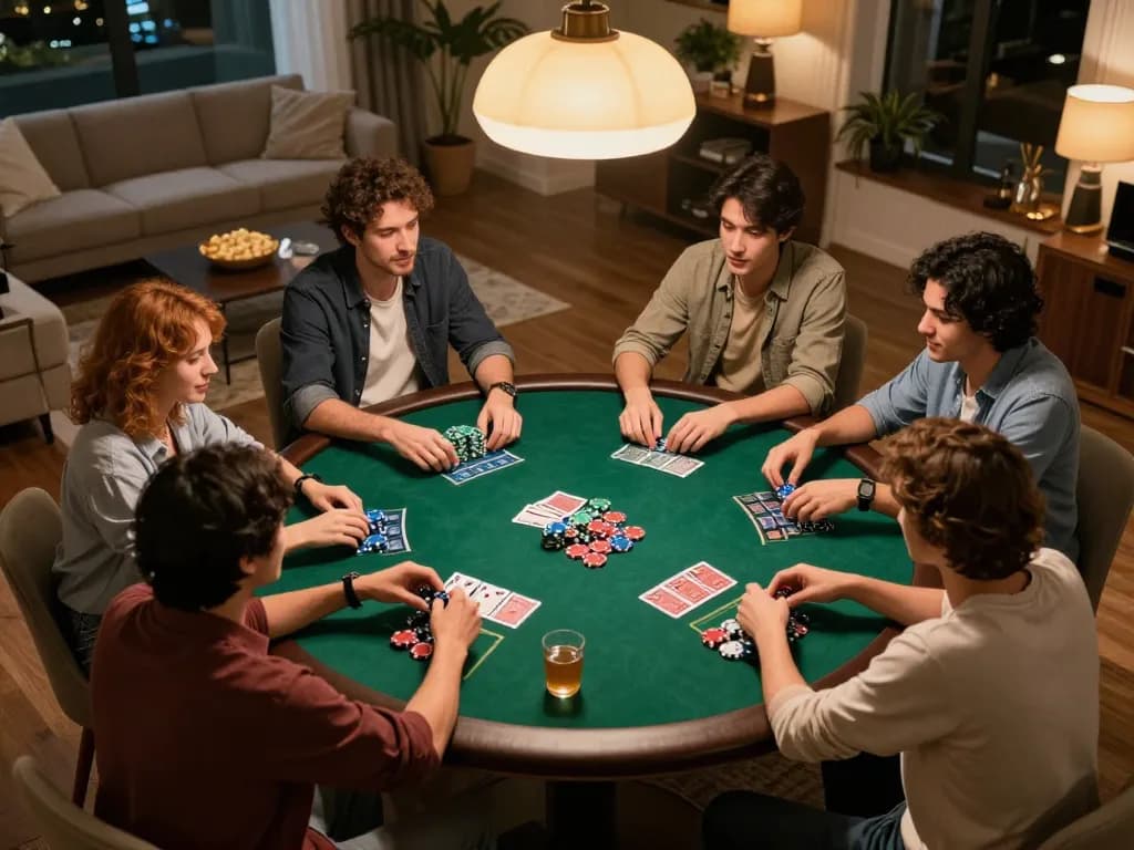 A group enjoying poker night at home, showcasing a friendly atmosphere while engaging with the 789win club.