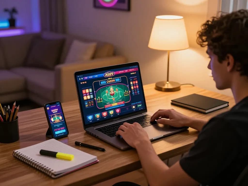 Alev Casino giris shown on a laptop screen with a vibrant online gaming setup.