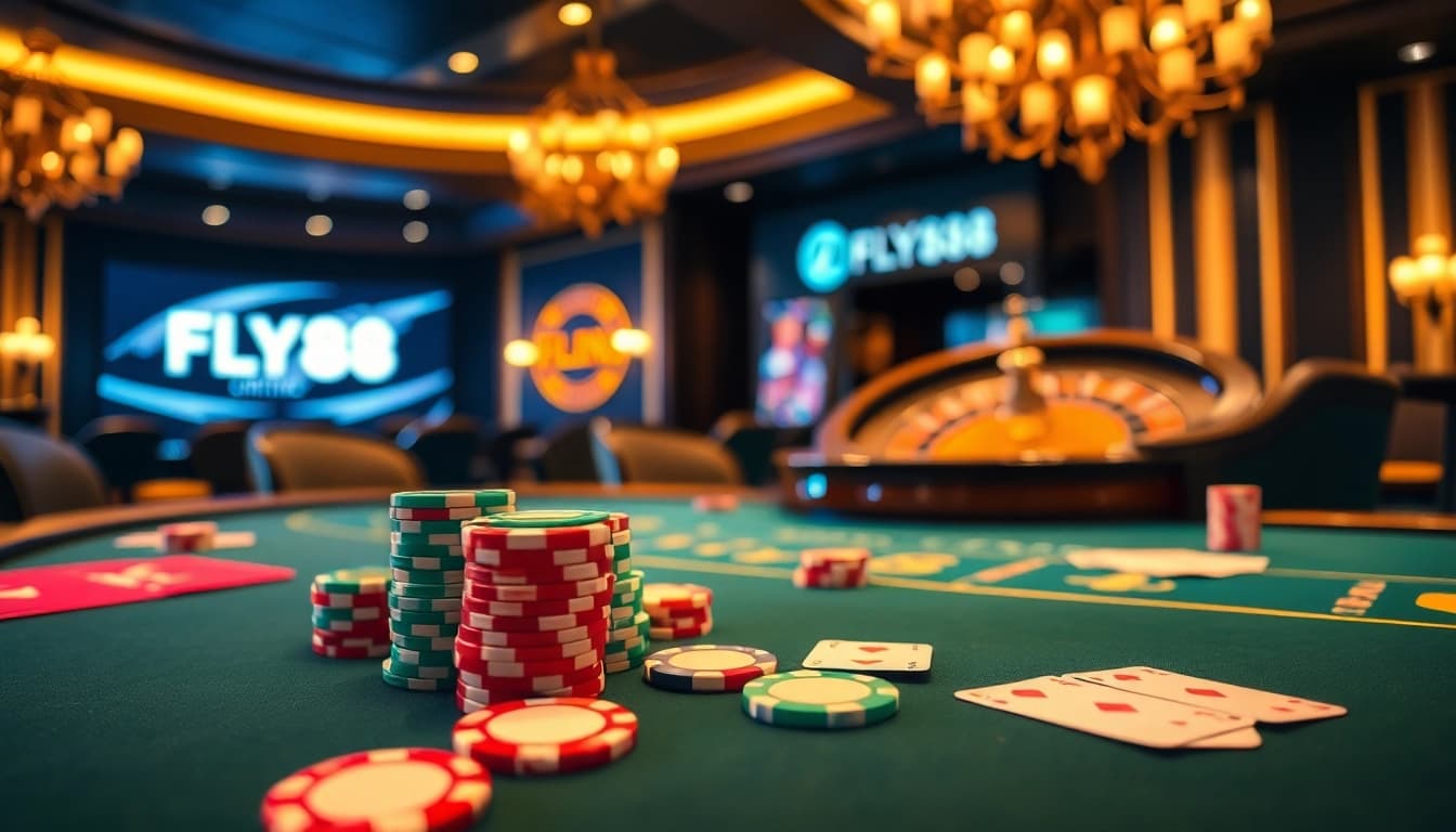 Engage in the thrilling world of FLY88, where vibrant poker chips and cards light up a luxury casino scene.