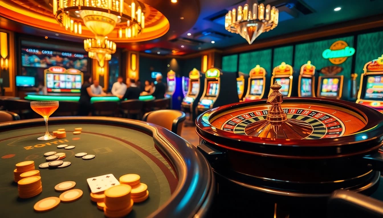 Experience thrilling casino action at rik vip with vibrant tables, poker chips, and spinning roulette wheels.