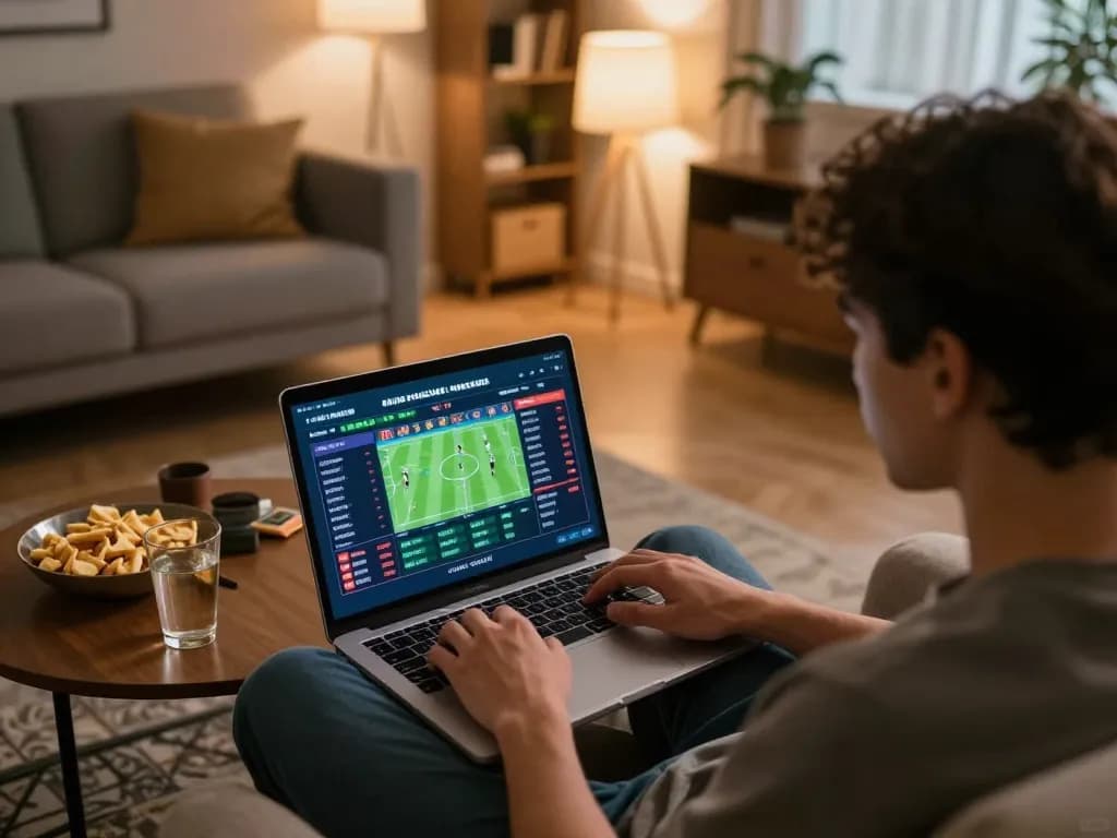 Person analyzing tỷ lệ cá cược while placing bets on a laptop, cozy home setting with warm lighting.