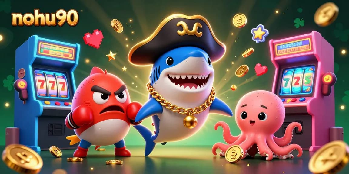 Play exciting games at nohu90 with a vibrant scene of cartoon characters and casino elements.