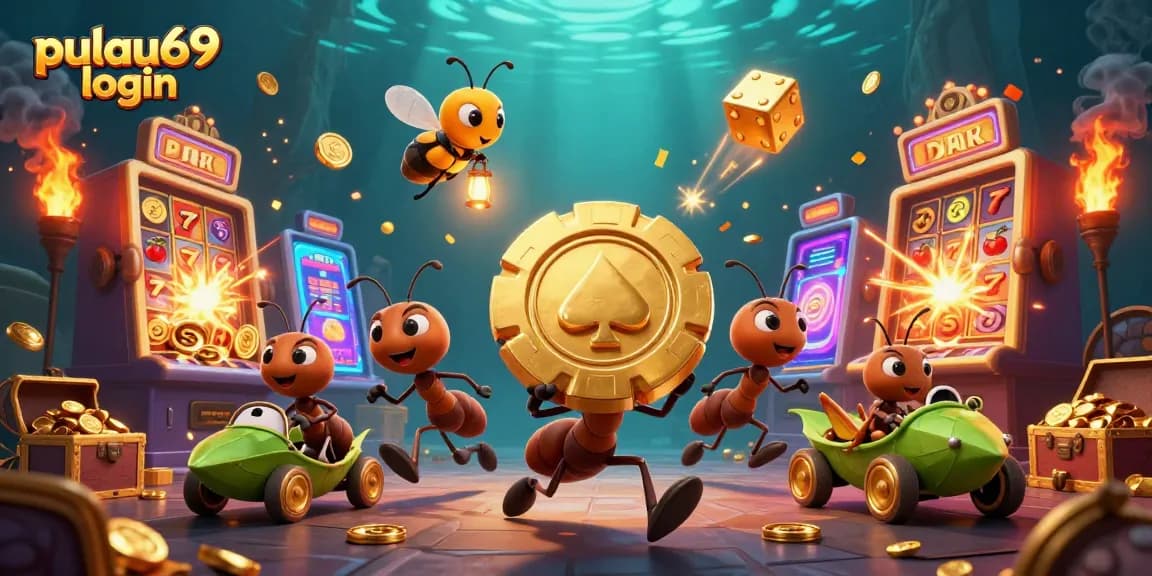 Join the pulau69 login adventure with ants, golden poker chips, and vibrant casino game elements.
