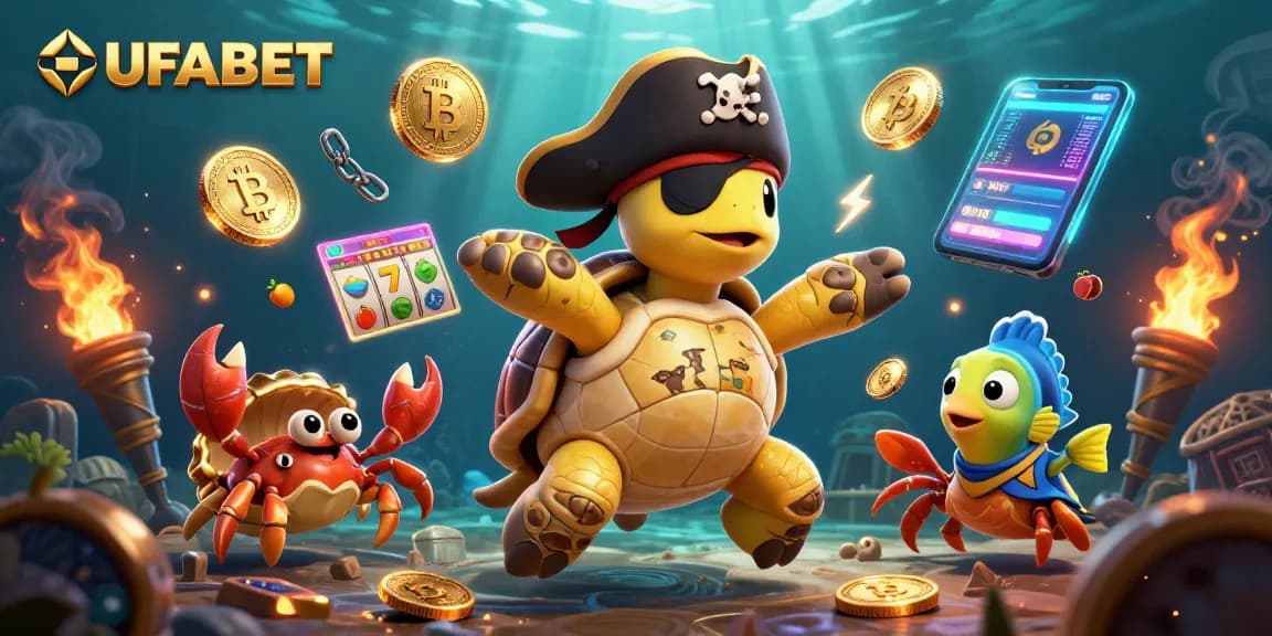 Spin and win with UFABET's slots, featuring a pirate turtle and floating treasures!
