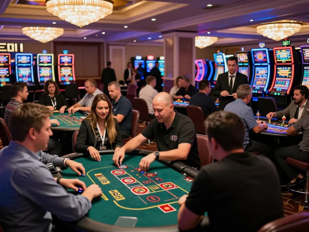 Players celebrating wins at ok365 com poker tables in a bustling casino