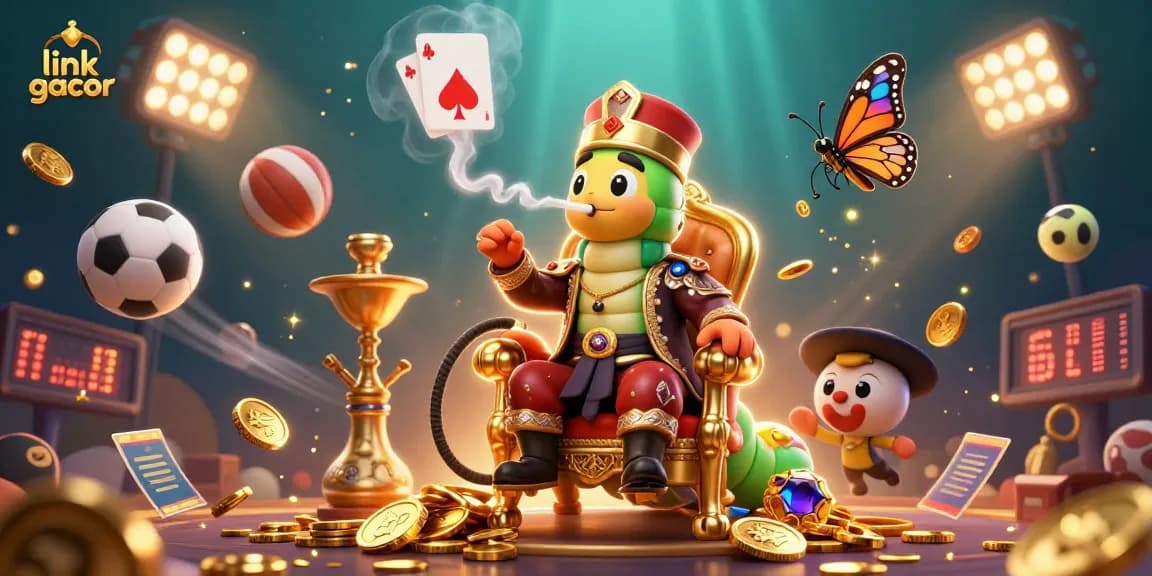 Win big with link gacor as a 3D caterpillar master conjures poker symbols in a vibrant casino scene.