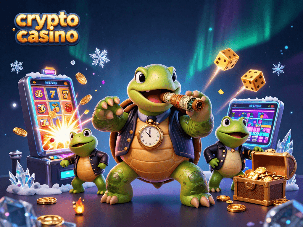 Engage with an exciting crypto casino scene featuring a mobster turtle and dynamic gambling elements.
