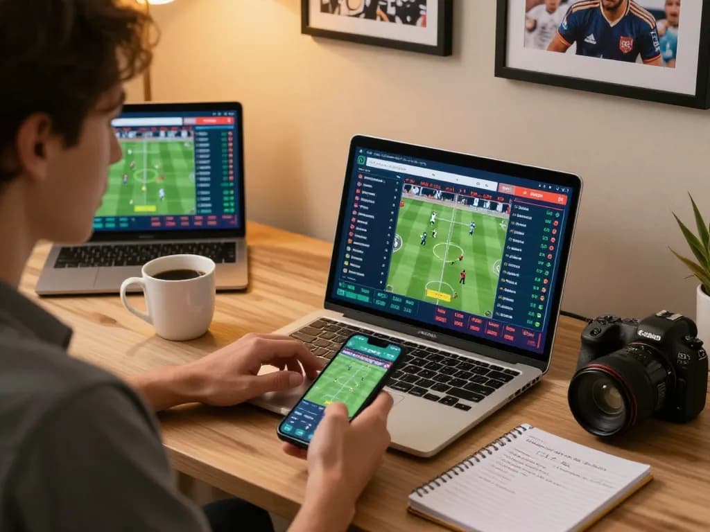 Engaging sports betting action with Bbet odds displayed on screens in a modern home office.