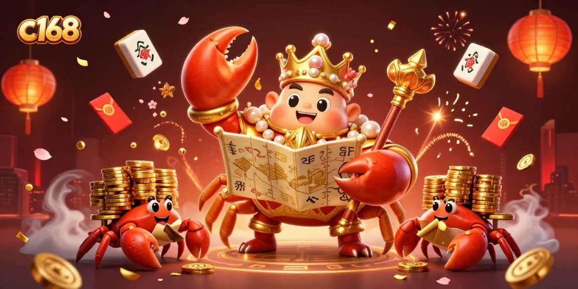 Experience the thrill of c168 with a golden crab emperor amid vibrant gaming elements and dynamic visuals.