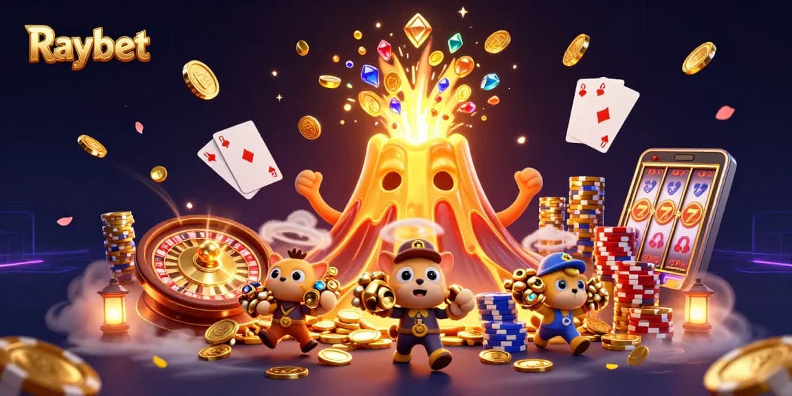 Raybet's triumphant golden volcano erupts with treasures as characters celebrate in this lively casino scene.