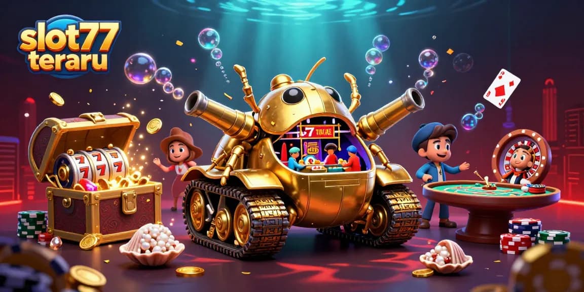 Experience thrilling spins at slot77 terbaru in this colorful 3D casino illustration with vibrant details.