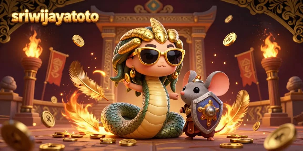 Sriwijayatoto showcases a 3D Medusa and warrior in a casino-themed illustration of excitement and strategy.