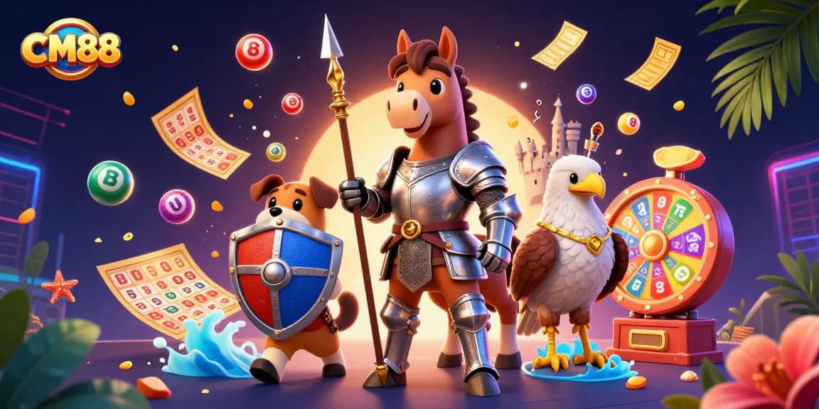 Experience the excitement of CM88 with colorful lottery elements, medieval characters, and vibrant casino vibes.