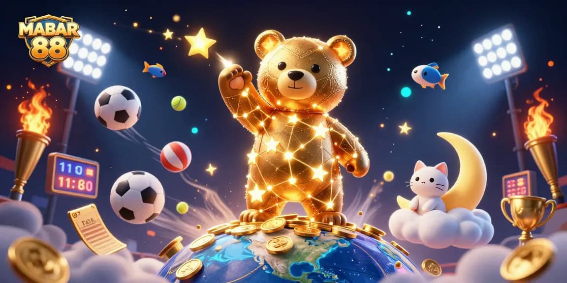 MABAR 88 brings excitement and riches, featuring a constellation bear gathering coins amidst vibrant sports elements.