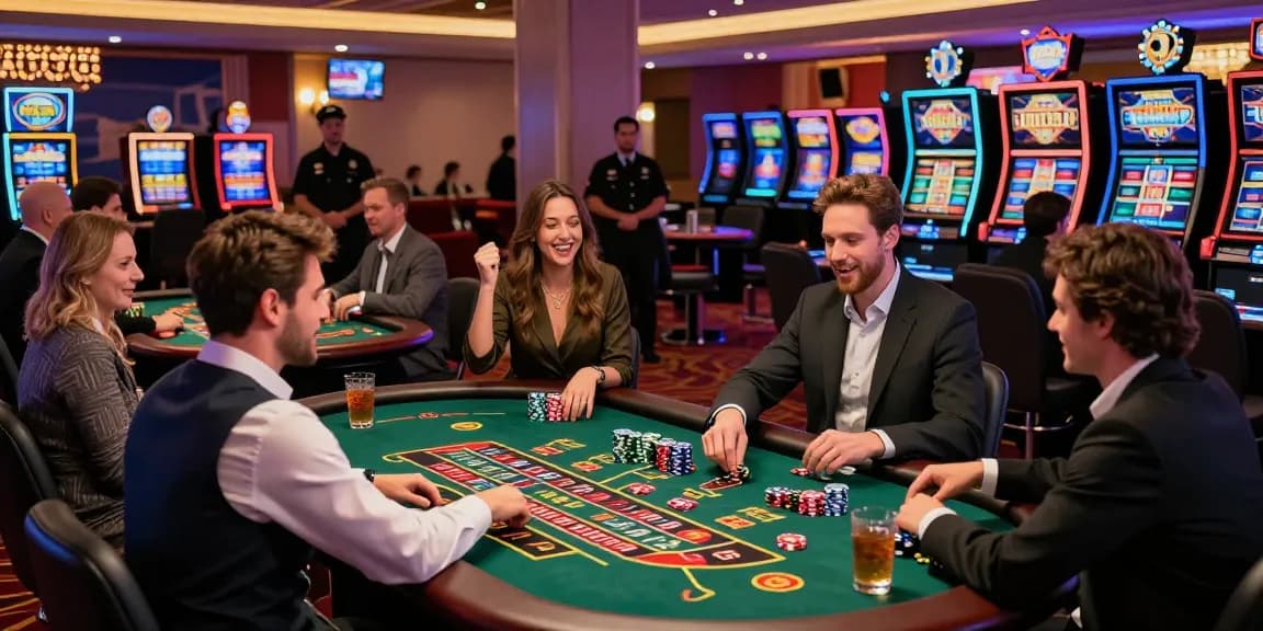 Players enjoying games at credit card casinos, with live dealers and vibrant slot machines in a lively casino atmosphere.