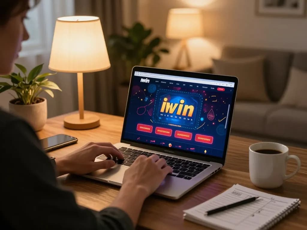 Iwin gaming session on a laptop with strategy notes in a cozy home setting