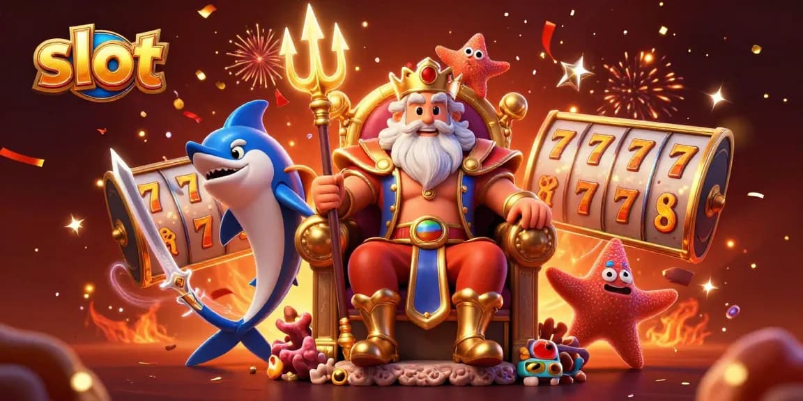 Spin the slot reels with Neptune and friends in a vibrant casino scene featuring jackpot symbols.