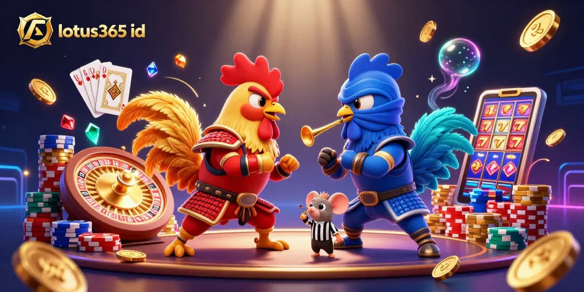Engage with the lotus365 id in this dynamic cartoon scene of fighting roosters amidst casino elements.