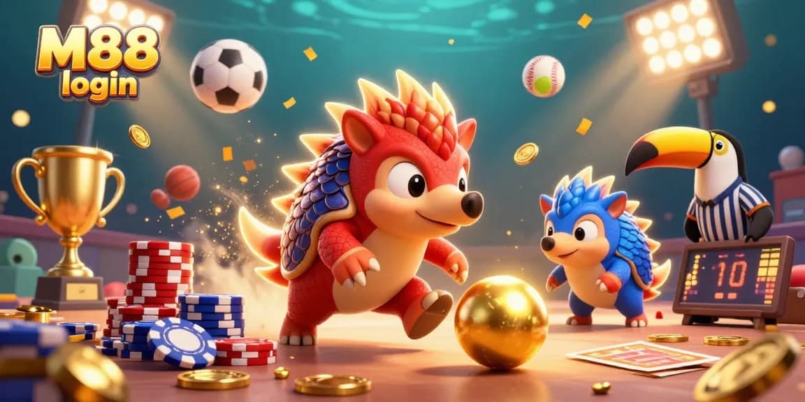 M88 login: Compete in a vibrant scenario with rival pangolins, sports balls, and an entertaining atmosphere.
