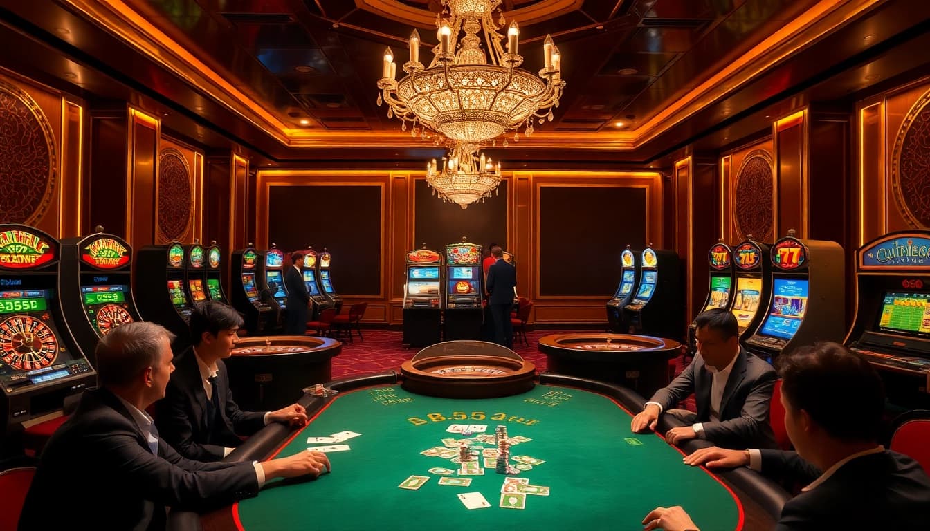 Casino players enjoy a thrilling b52-themed poker game with vibrant chips and cards.