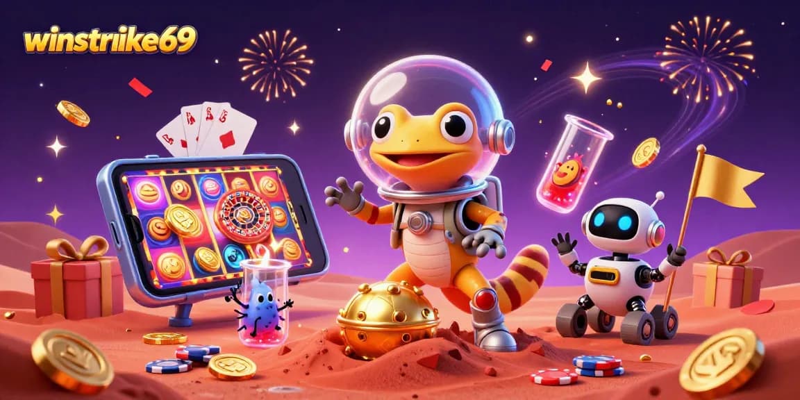 winstrike69 brings excitement to gameplay with vibrant casino discovery in this 3D illustration.