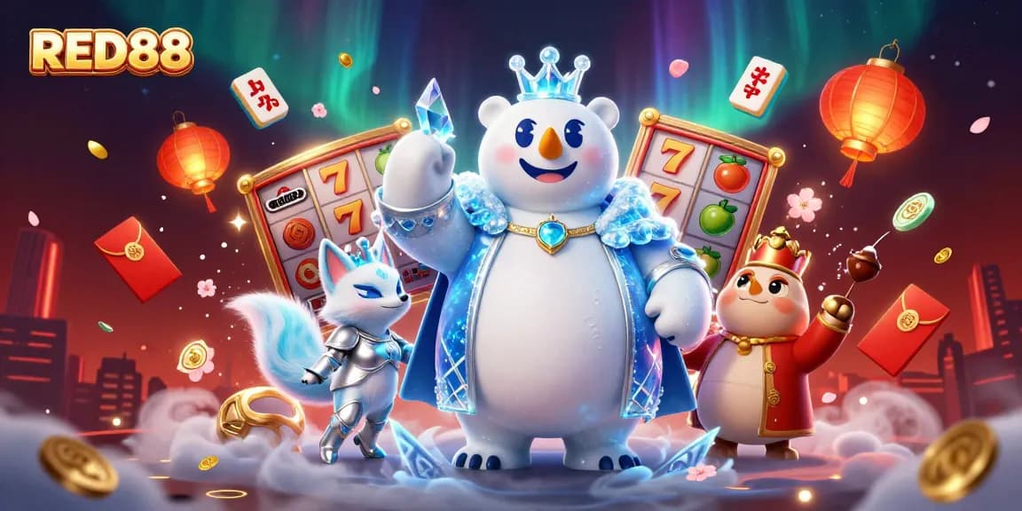 Engage with RED88 gaming thrills featuring a polar bear and fox in a jackpot celebration.