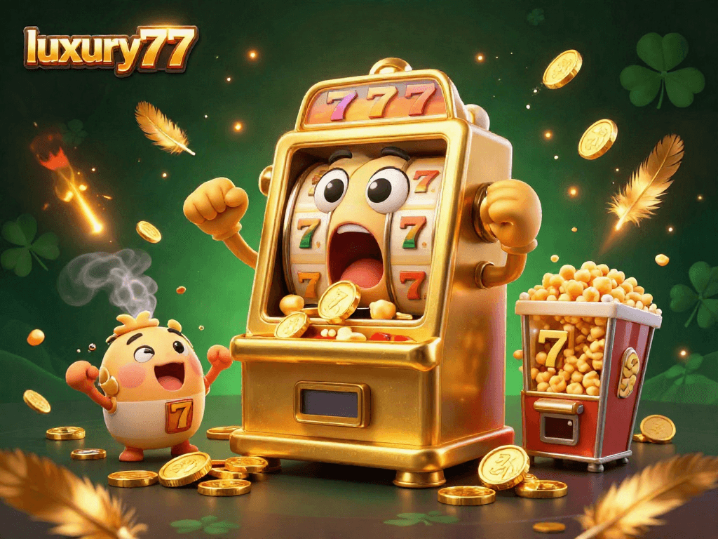 Slot mesin keberuntungan luxury777 memercik koin saat jackpot, sambil dikawal mesin kecil yang bersorak.