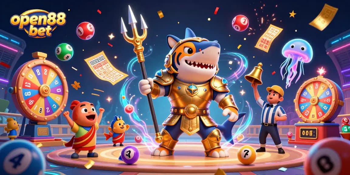 Experience the excitement of open88 bet with a triumphant golden gladiator shark amid a vibrant, dynamic casino scene.