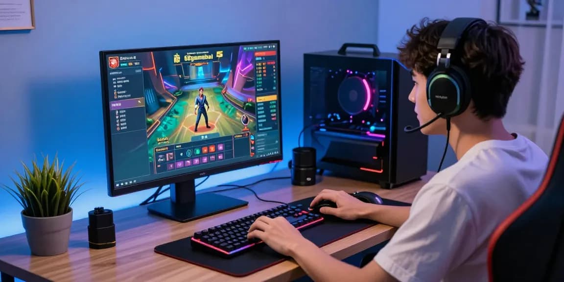 Exciting scene of a player immersed in 68gamebai online gaming on a sleek laptop with dynamic graphics and vibrant setup.