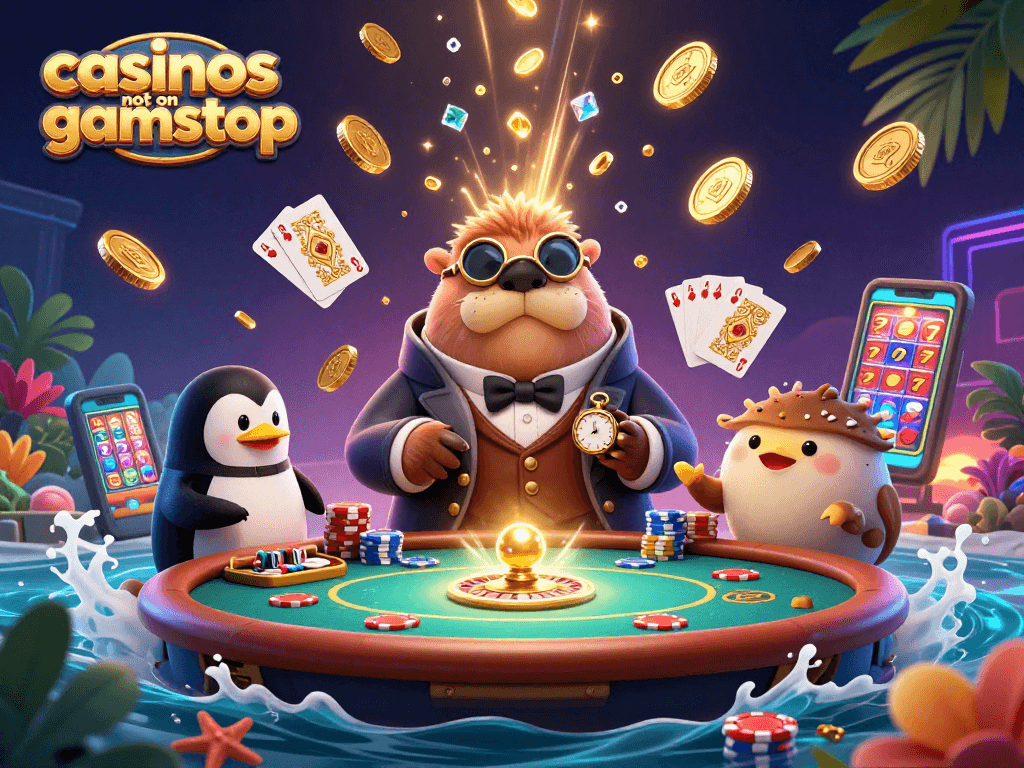 Experience the thrill of casinos not on gamstop with a whimsical underwater poker game featuring a jolly walrus and a sophisticated penguin dealer.