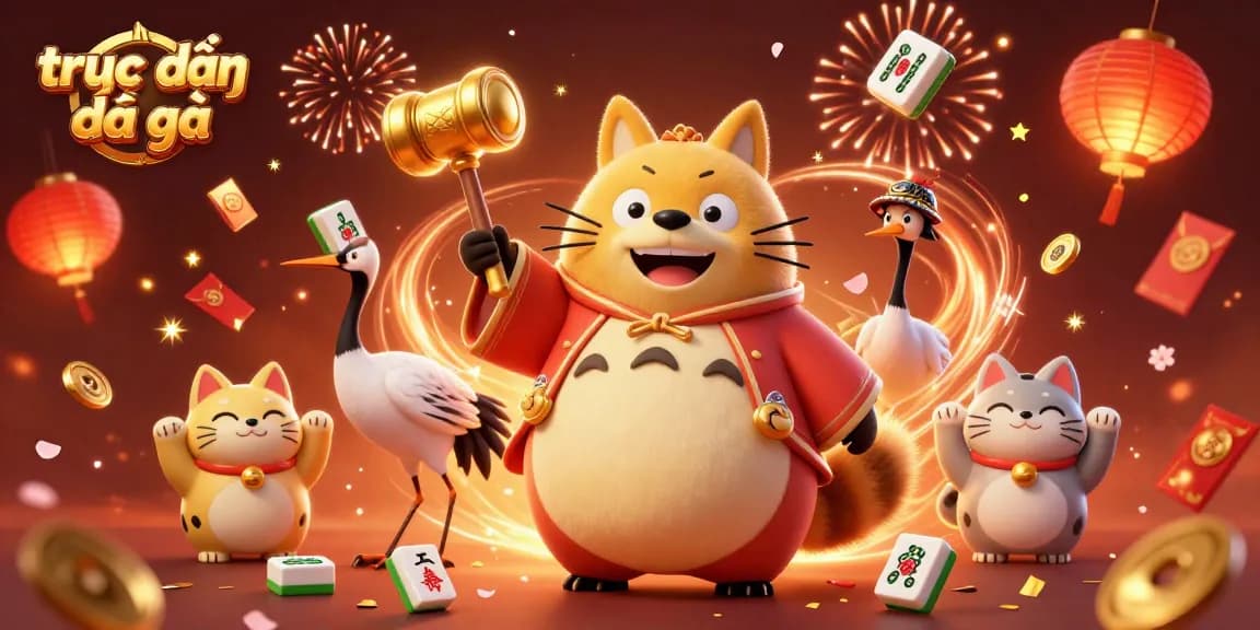 Engage in trực tiếp đá gà with dynamic visuals of a festive tanuki and samurai crane.