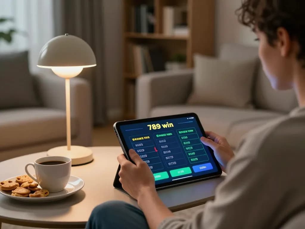 Engaging in 789 win gaming on a tablet while strategizing in a cozy environment.