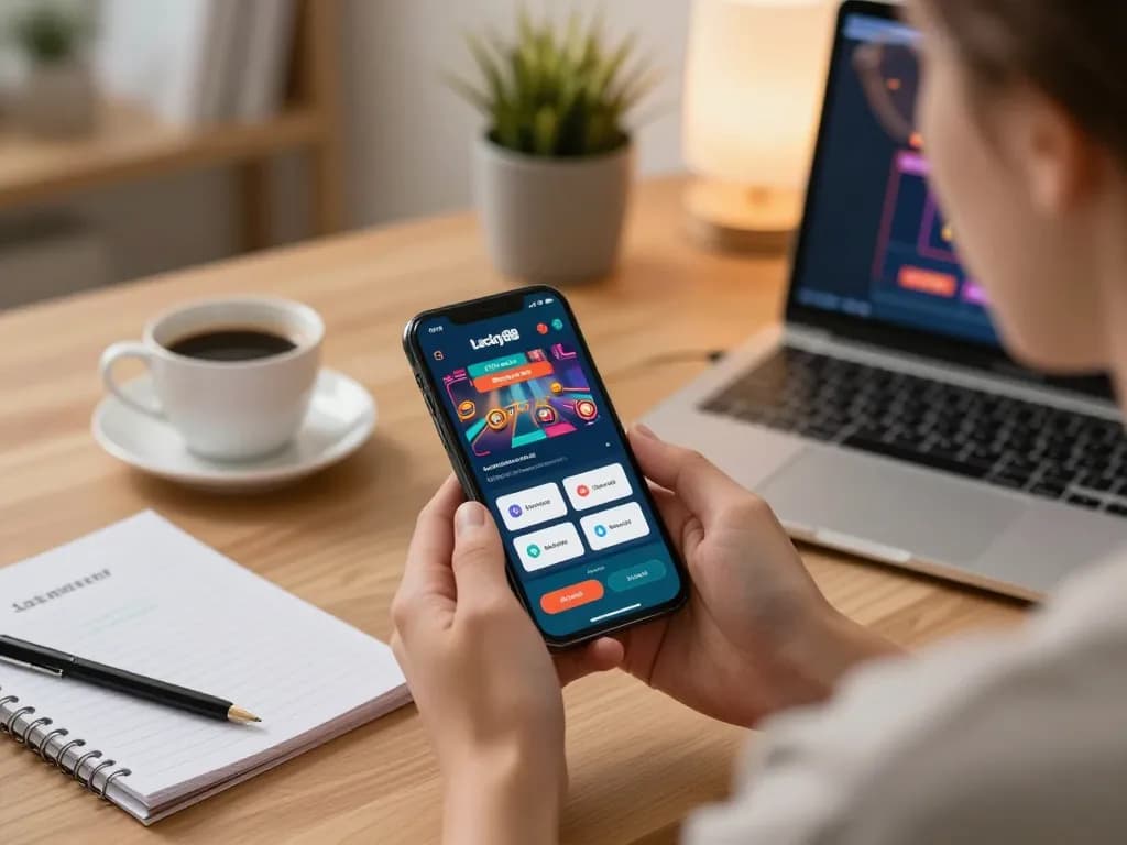 Engaging user playing Lucky88 mobile app on smartphone during cozy home gaming session