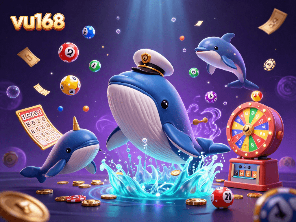Engage with the vu168 online casino through vibrant 3D illustration featuring playful marine characters and exciting gambling elements.