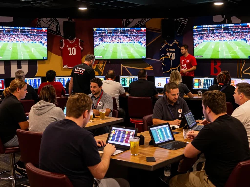 Active patrons engaging with 11win sports betting lounge, analyzing game odds on screens