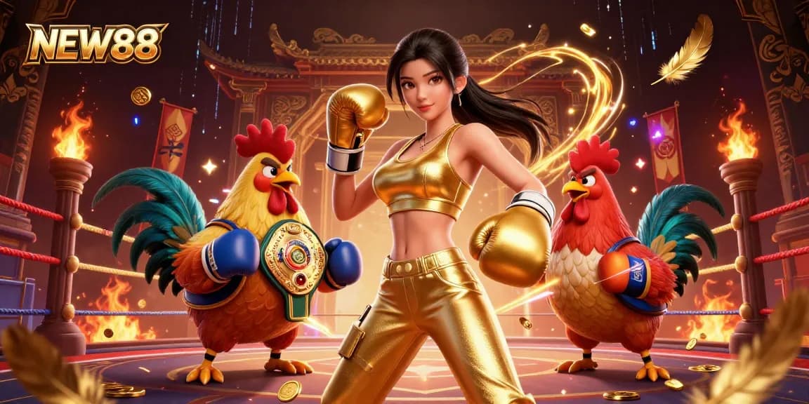 Engage with NEW88's thrilling atmosphere featuring dynamic characters and vibrant casino elements.