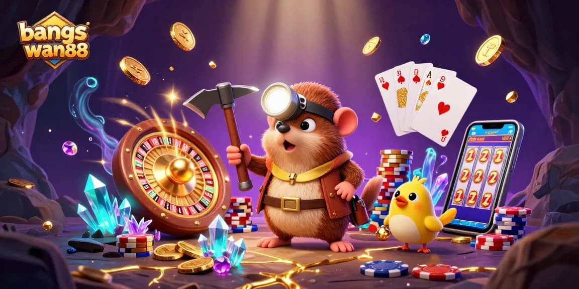 Experience the excitement of bangsawan88 with this vibrant 3D casino illustration showcasing dynamic games and treasure.