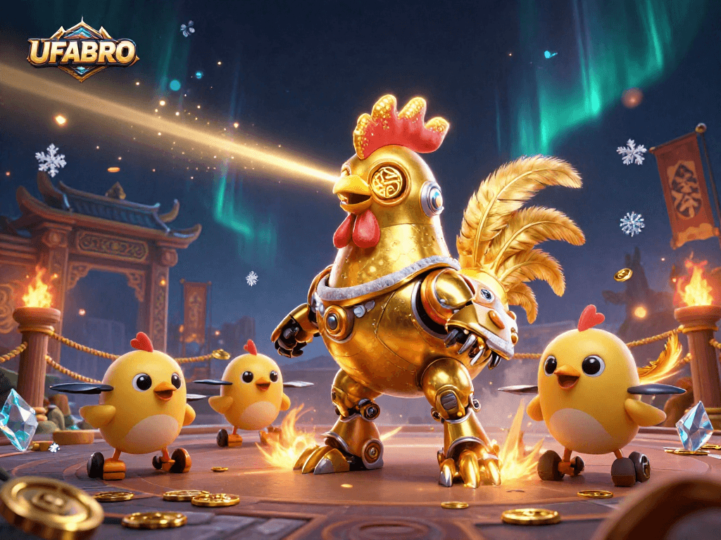 UFABRO showcases thrilling online betting action with retro-futuristic characters and casino elements.