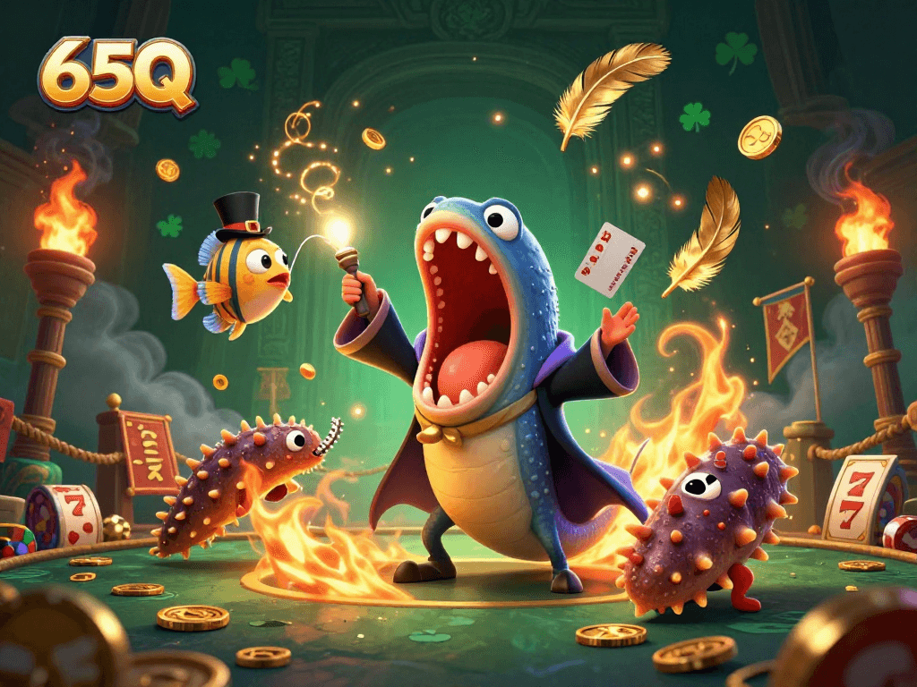O 65Q apresenta um ato mágico com criaturas marinhas em um ambiente de cassino vibrante.